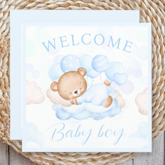 Bienvenue Baby Boy Nom Bleu Bear Card