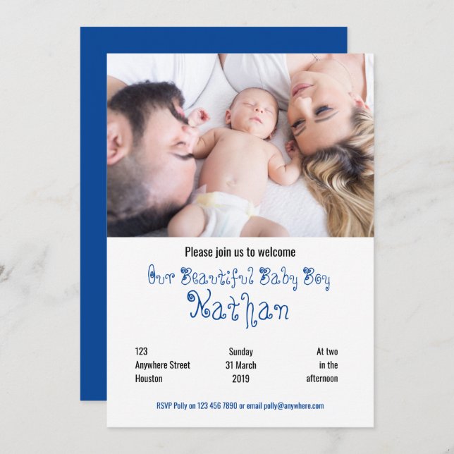 Bienvenue Baby Boy Photo Party Invitation (Devant / Derrière)