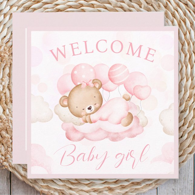 Bienvenue Baby Girl Name Personnalisé Pink Bear Ca (Welcome Baby Girl Name Personalized Pink Bear Card)