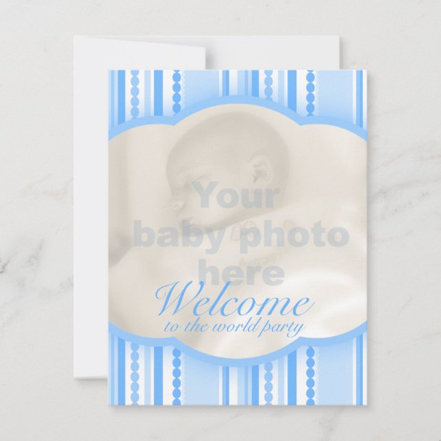Bienvenue bébé bleu fête photo invitation carte (Devant)