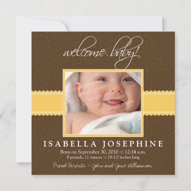 Bienvenue bébé ! Faire-part de naissance jaune (Devant)