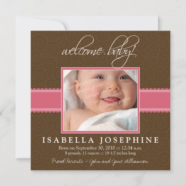Bienvenue bébé ! Faire-part de naissance rose (Devant)