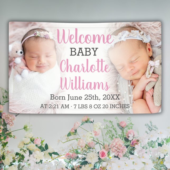 Bienvenue Bébé Fille Annonce Bannière 2 Photos (Welcome Baby Girl Announcement 2 Photo Banner
)