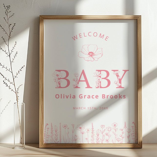Bienvenue Bébé Fleur Sauvage Affiche de Fête de Na (Pink Baby Welcome Sign)
