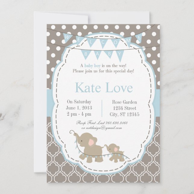 Bienvenue bébé garçon éléphant 5" x 7" Invitations (Devant)