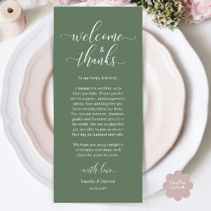 Bienvenue et Merci Carte de Repas de Mariage Vert