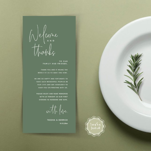 Bienvenue et merci, Place Setting Carte de remerci (Welcome and Thanks, Dinner Place Setting Thank You Card, Modern Romantic, in Forest Sage Green)
