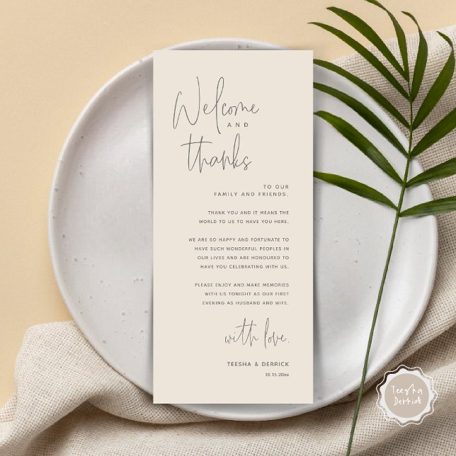 Bienvenue et merci, Place Setting Carte de remerci (Welcome and Thanks, Dinner Place Setting Thank You Card, Modern Romantic, in Dark Grey and Cream)