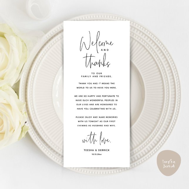 Bienvenue et merci, Place Setting Carte de remerci (Wedding Dinner Place Setting Thank You Card, Modern Minimalist, in Black and White)