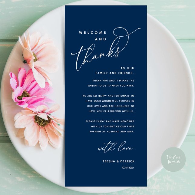 Bienvenue et merci, Place Setting Carte de remerci (Welcome and Thanks, Wedding Dinner Place Setting Thank You Card in Classy navy Blue)