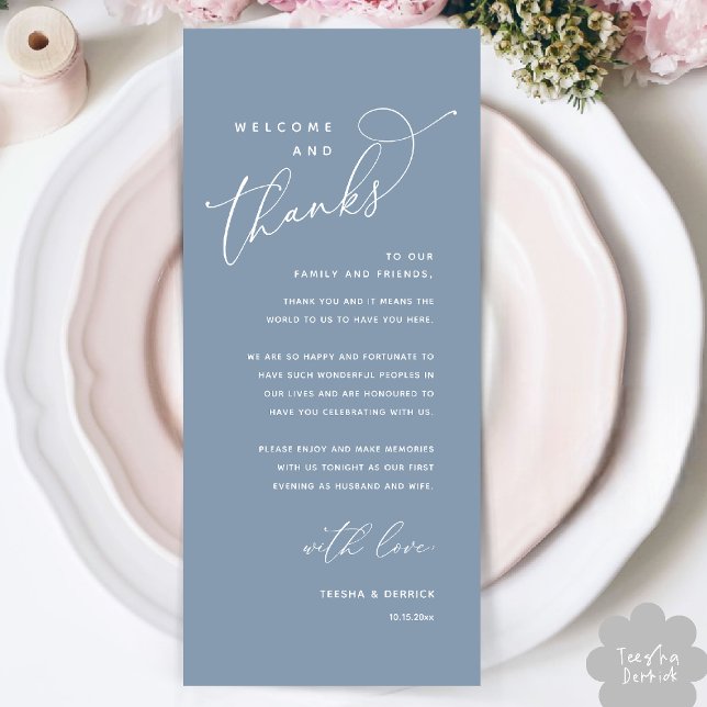 Bienvenue et merci, Place Setting Carte de remerci (Welcome and Thanks, Wedding Dinner Place Setting Thank You Card in Classy Dusty Blue)