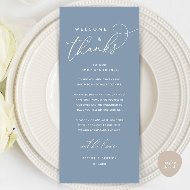 Bienvenue et merci, Place Setting Carte de remerci (Welcome and Thanks, Wedding Dinner Place Setting Thank You Card in Classy Dusty Blue)