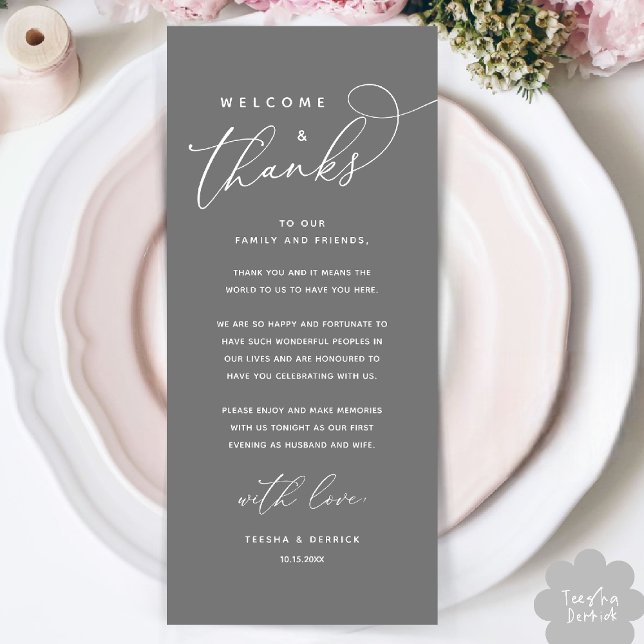 Bienvenue et merci, Place Setting Carte de remerci (Welcome and Thanks, Wedding Dinner Place Setting Thank You Card in Dark Grey)
