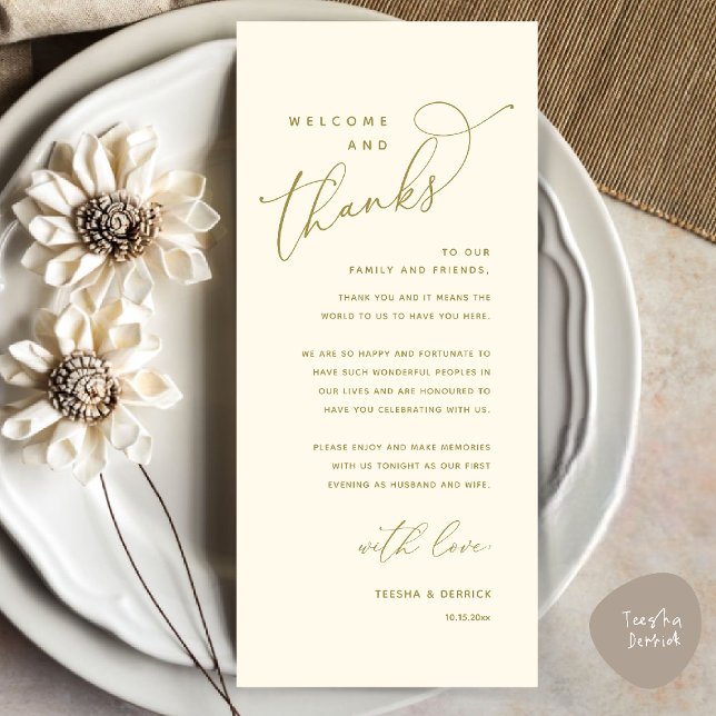 Bienvenue et merci, Place Setting Carte de remerci (Welcome and Thanks, Wedding Dinner Place Setting Thank You Card in Yellow Gold)