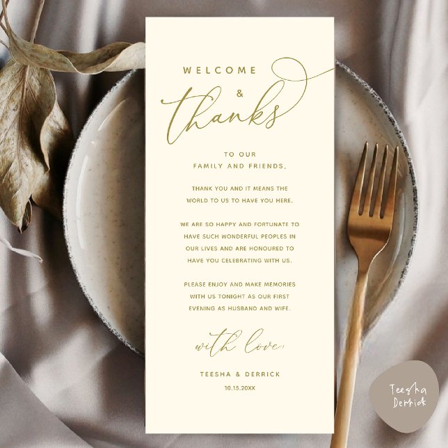 Bienvenue et merci, Place Setting Carte de remerci (Welcome and Thanks, Wedding Dinner Place Setting Thank You Card in Yellow Gold)