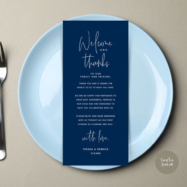 Bienvenue et merci, Place Setting Carte de remerci (Welcome and Thanks, Modern Dinner Place Setting Thank You Card, in Navy Blue)