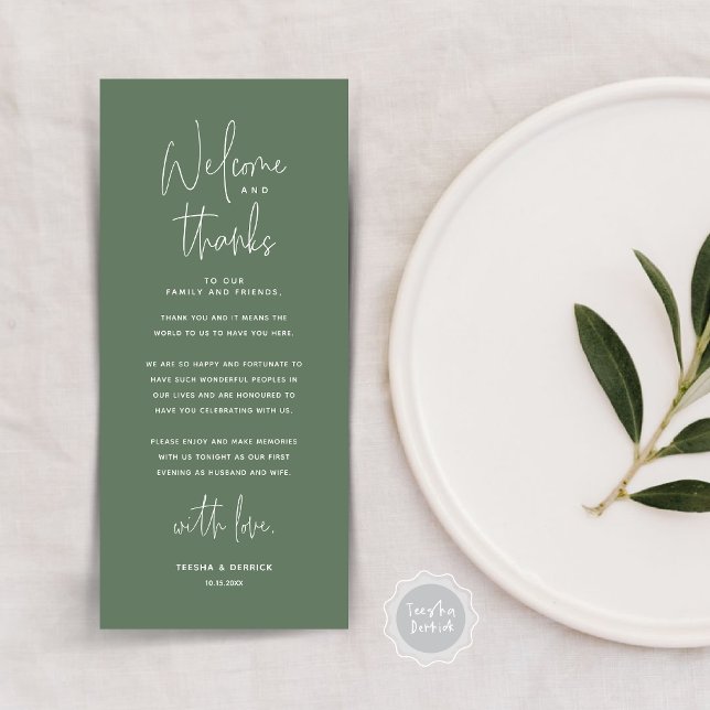 Bienvenue et merci, Place Setting Carte de remerci (Welcome and Thanks, Modern Dinner Place Setting Thank You Card, in Forest Sage Green)