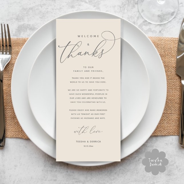 Bienvenue et merci, Place Setting Carte de remerci (Welcome and Thanks, Modern Wedding Dinner Brunch Lunch Place Setting Thank You Card in Cream Grey)