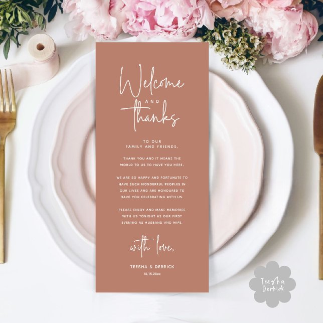Bienvenue et merci, Place Setting Carte de remerci (Welcome and Thanks, Modern Wedding Dinner Brunch Lunch Place Setting Thank You Card in Terracotta)