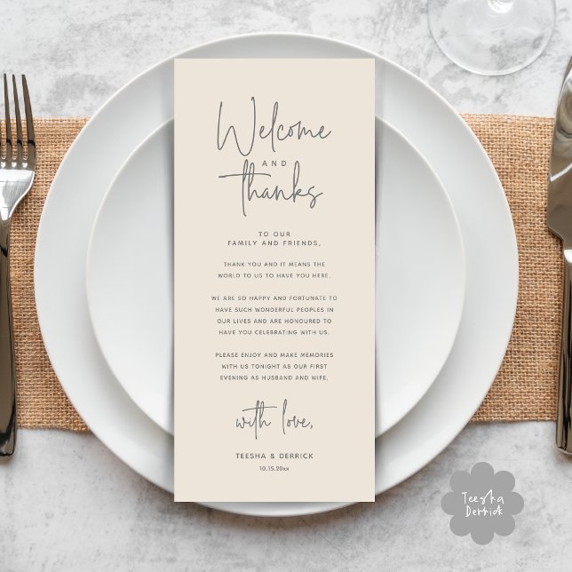 Bienvenue et merci, Place Setting Carte de remerci (Welcome and Thanks, Modern Wedding Dinner Brunch Lunch Place Setting Thank You Card in Cream Grey)