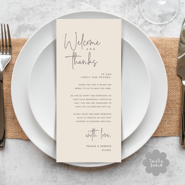 Bienvenue et merci, Place Setting Carte de remerci (Welcome and Thanks, Modern Wedding Dinner Brunch Lunch Place Setting Thank You Card in Cream Grey)