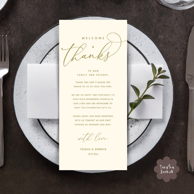 Bienvenue et merci, Place Setting Carte de remerci (Welcome and Thanks, Modern Wedding Dinner Brunch Lunch Place Setting Thank You Card in Yellow Gold)