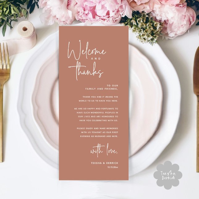 Bienvenue et merci, Place Setting Carte de remerci (Welcome and Thanks, Modern Wedding Dinner Brunch Lunch Place Setting Thank You Card in Terracotta)