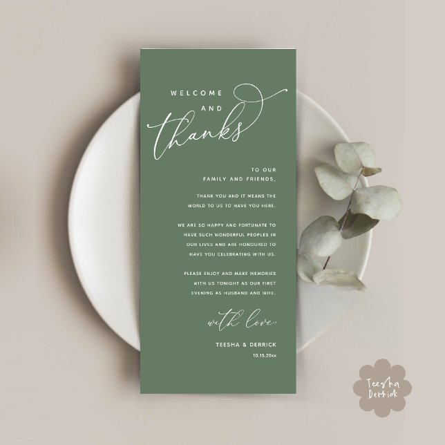 Bienvenue et merci, Place Setting Carte de remerci (Welcome and Thanks, Modern Wedding Dinner Brunch Lunch Place Setting Thank You Card in Sage Green)