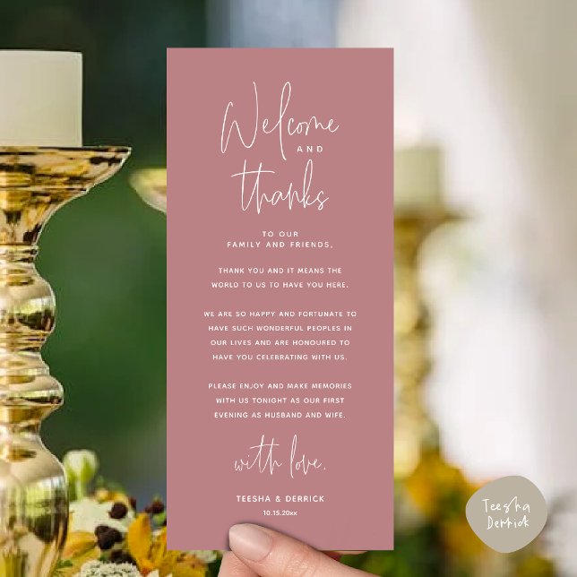 Bienvenue et merci, Place Setting Carte de remerci (Welcome and Thanks, Modern Wedding Dinner Place Setting Thank You Card, Plate Decor, Dusty Rose Pink)