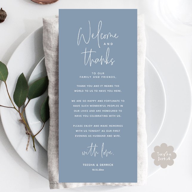 Bienvenue et merci, Place Setting Carte de remerci (Welcome and Thanks, Modern Wedding Dinner Place Setting Thank You Card, Plate Decor, Dusty Blue)