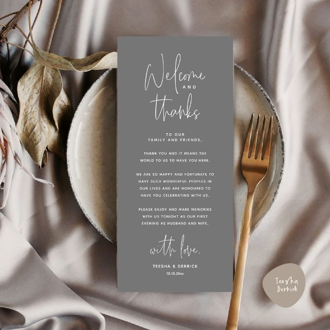 Bienvenue et merci, Place Setting Carte de remerci (Welcome and Thanks, Place Setting Thank You Dinner Party Card in Dark Grey)
