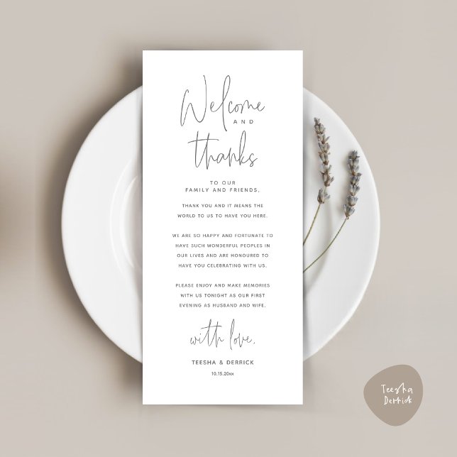 Bienvenue et merci, Place Setting Carte de remerci (Welcome and Thanks, Wedding Dinner Place Setting Thank You Card, in Classy Dark Grey)