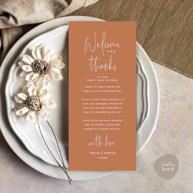 Bienvenue et merci, Place Setting Carte de remerci (Welcome and Thanks, Wedding Dinner Place Setting Thank You Card, in Classy Copper Brown)