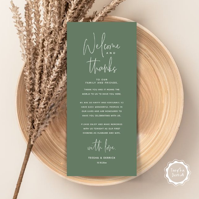 Bienvenue et merci, Place Setting Carte de remerci (Welcome and Thanks, Wedding Dinner Place Setting Thank You Card, in Classy Greenery sage Forest)
