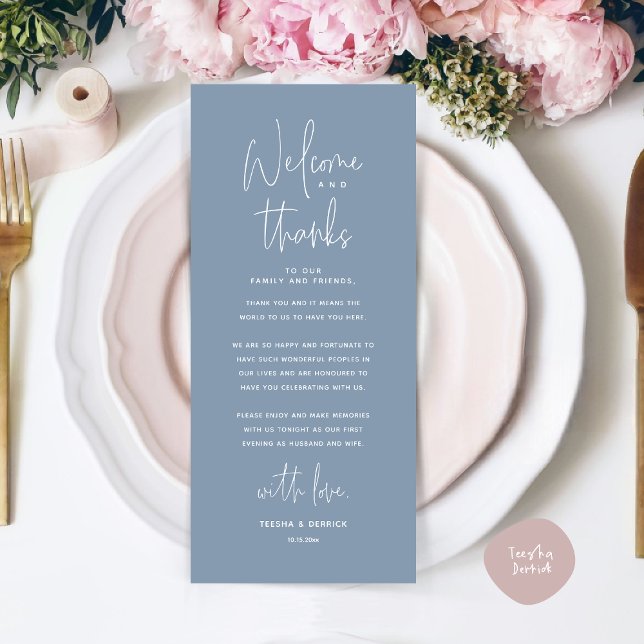 Bienvenue et merci, Place Setting Carte de remerci (Welcome and Thanks, Wedding Dinner Place Setting Thank You Card, in Classy Dusty Blue)