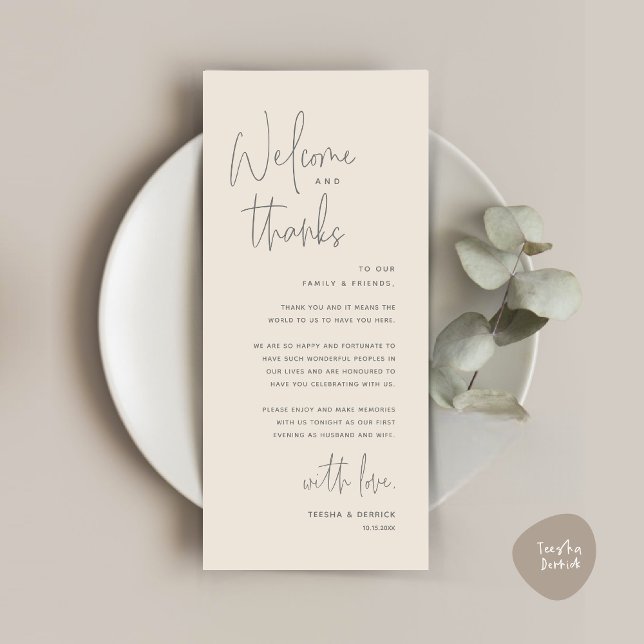 Bienvenue et merci, Place Setting Carte de remerci (Welcome and Thanks, Wedding Dinner Place Setting Thank You Card in Dark Grey Cream)