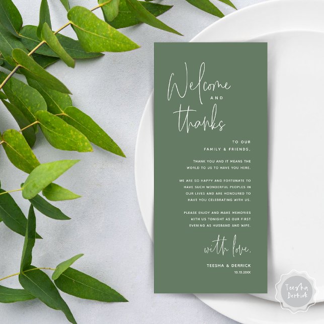 Bienvenue et merci, Place Setting Carte de remerci (Welcome and Thanks, Wedding Dinner Place Setting Thank You Card in Forest Sage Green)