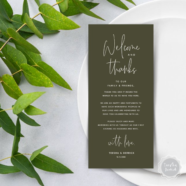 Bienvenue et merci, Place Setting Carte de remerci (Welcome and Thanks, Wedding Dinner Place Setting Thank You Card in Olive Green)