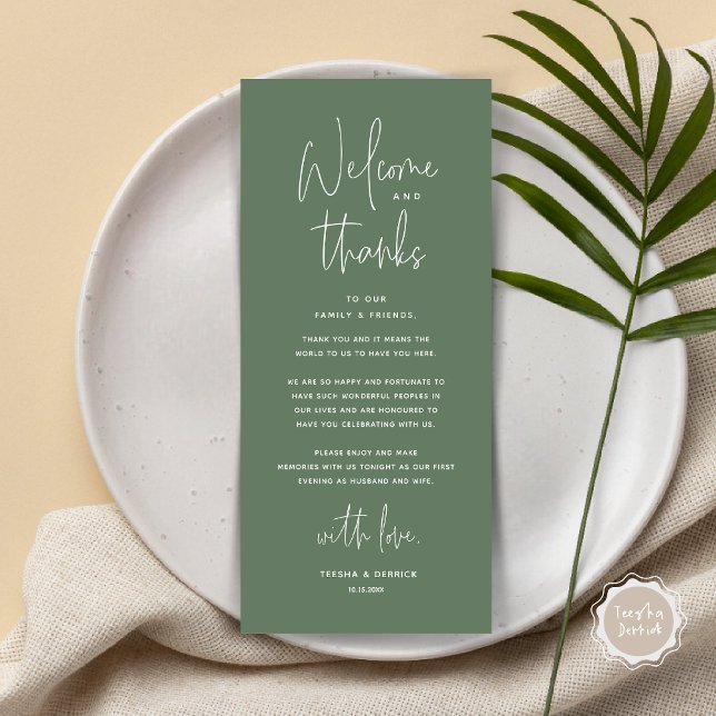 Bienvenue et merci, Place Setting Carte de remerci (Welcome and Thanks, Wedding Dinner Place Setting Thank You Card in Forest Sage Green)
