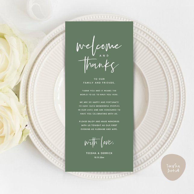 Bienvenue et merci, Place Setting Carte de remerci (Welcome and Thanks, Modern Wedding Dinner Brunch Party Place Setting Thank You Card Sage Green)