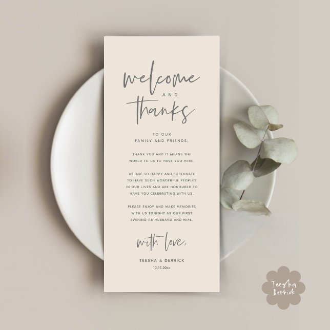 Bienvenue et merci, Place Setting Carte de remerci (Welcome and Thanks, Modern Wedding Dinner Brunch Party Place Setting Thank You Card Cream Grey)