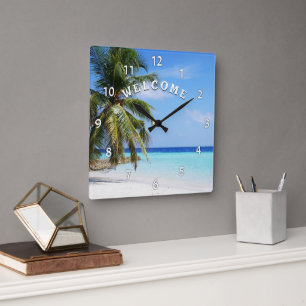 Bienvenue Island Beach Palm Tree Horloge murale