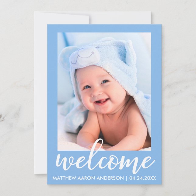 Bienvenue Nouveau bébé moderne Faire-part bleu (Devant)