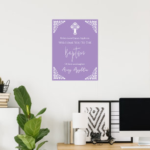 Bienvenue Poster Floral Cross Christening Lilac