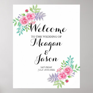 Bienvenue Poster Mariage Floral Aquarelle Roses