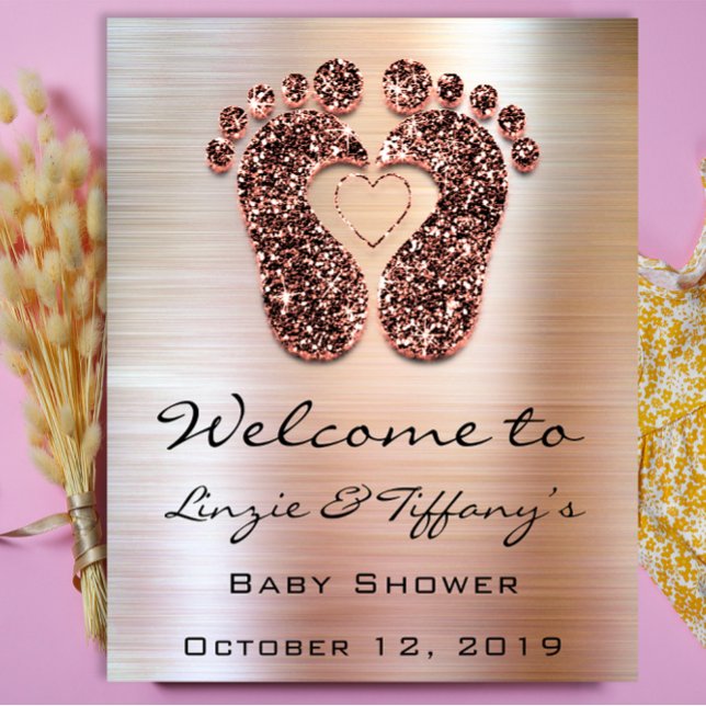 Bienvenue Poster Rose Pieds Parties scintillant Ba (Welcome Poster Rose Feet Baby Shower Glitter)
