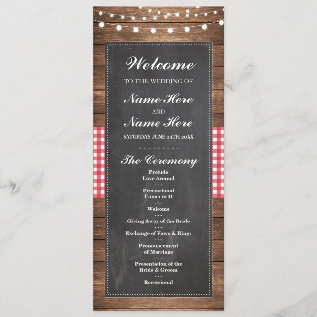 Bienvenue Red Check Rustic Chalk Wedding Programme (Devant)