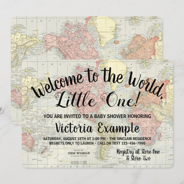 Bienvenue sur la carte du monde Baby Shower Invita (Devant / Derrière)