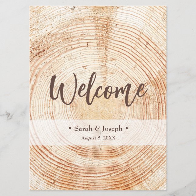 Bienvenue Wood Grain Rustic Wedding Programme (Devant)