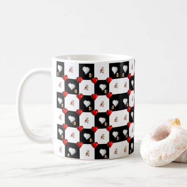 Bière Blanc Teddy Ours Rouge Coeurs Mug (Avec donut)